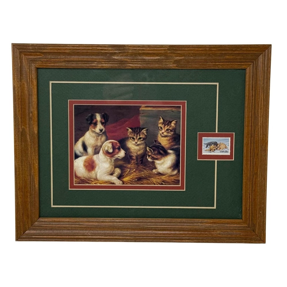 Vintage Puppies & Kittens Edgar Hunt Print‎ 1982 US 13¢ Stamp Matted Framed Art